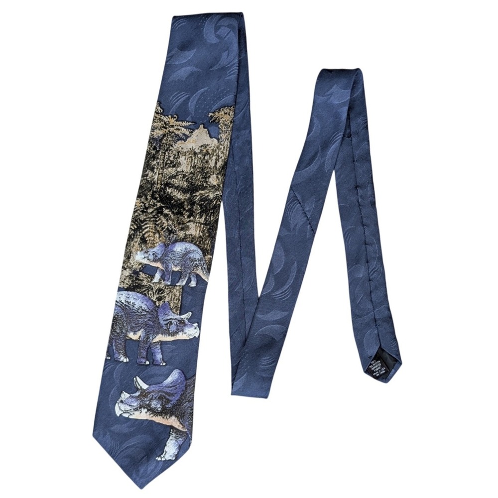90s Vintage Jurassic Park Triceratops Dinosaur Blue Theme Novelty Neck Tie